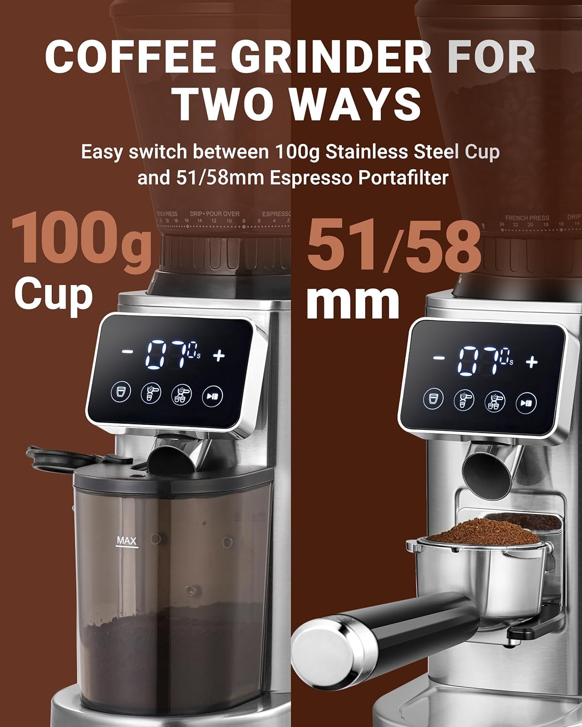 AMZCHEF Burr Coffee Grinder, 48 Settings, Less Static Mess, Metallic Silver | 40mm Burr, Low Retention, 0.5s LED Timer, Stainless Steel Body, Fit 51-54/58 Espresso Portafilter, Cleaning Brush Included