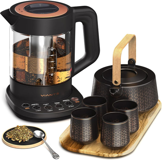 Vianté Luxury Tea Set. Electric Kettle with Infuser for Loose Leaf And Ceramic Serving Set. Teapot and Cup Set with Wooden