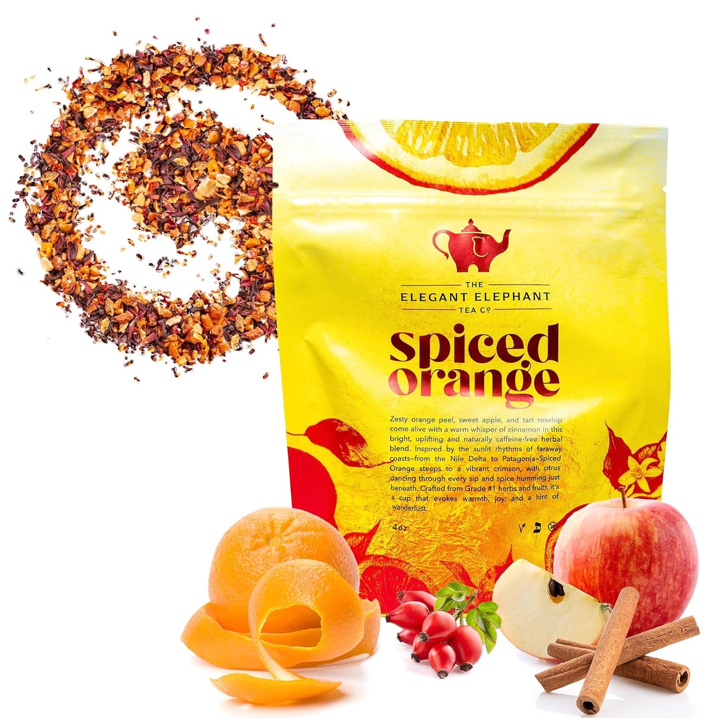 Spiced Orange Tea, Loose Leaf Herbal Tea – Sweet, Spicy, Caffeine-Free – Orange, Apple &amp; Cinnamon Spice – Drink Hot or Iced – 4 oz Resealable Bag (Makes 50 Cups) – The Elegant Elephant