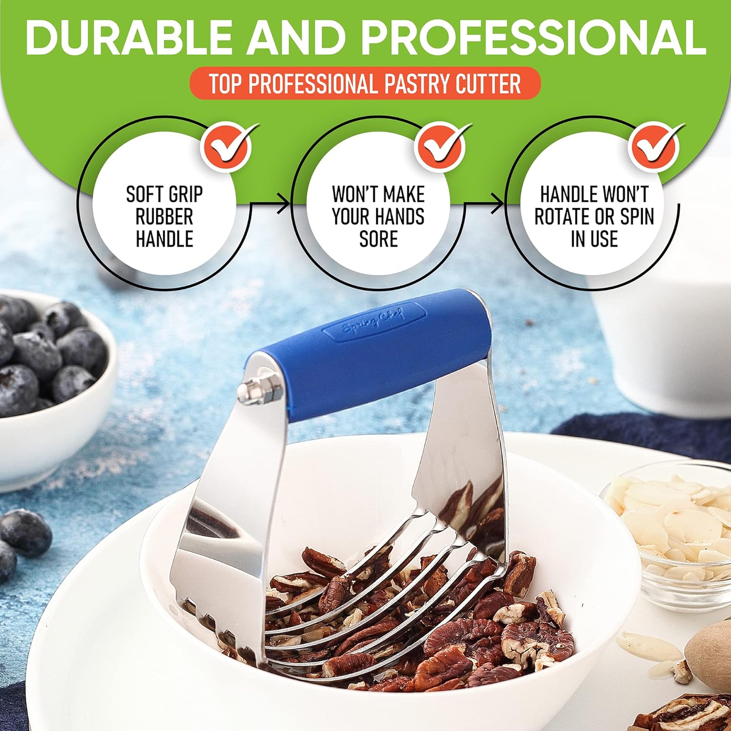 Spring Chef Medium Size Dough Blender For Baking, Dough Cutter Tool, Stainless Steel Puff Pastry Cutter Tool with Soft Grip