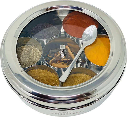 spice dabba Stainless Steel Indian Spice Box, Steel Masala Dabba, Double Lid Spice Container | Gift for Chefs | Size 8x8x2