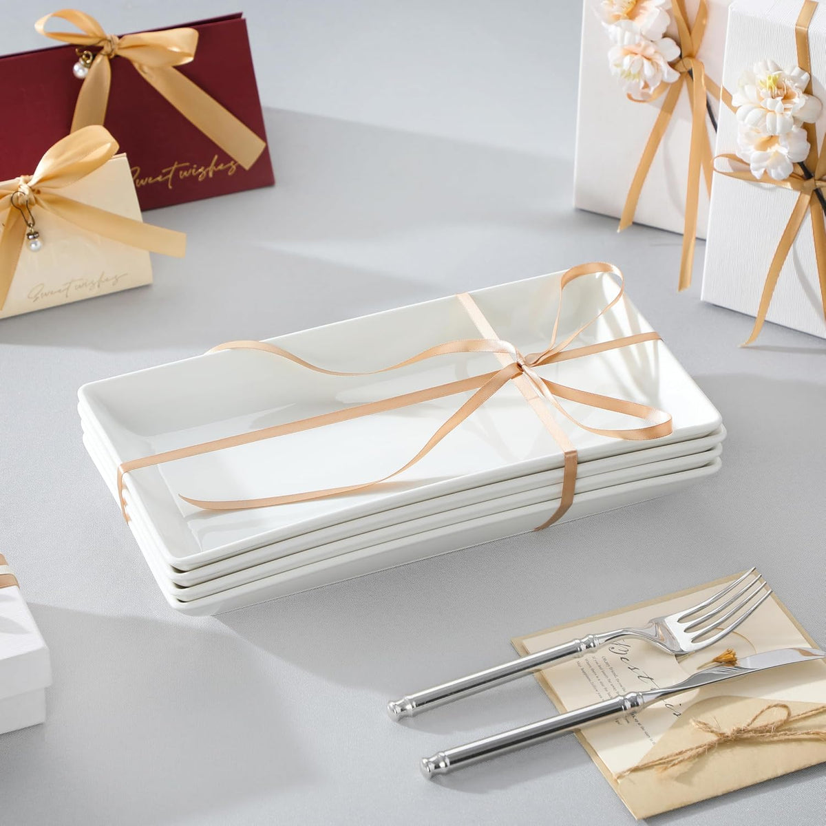 MALACASA Porcelain Serving Platters Set of 4,12 in Rectangular White Trays | 12 Inch Serving Trays and Platters Perfect for Party, Appetizer and Food Serving, Microwave and Dishwasher Safe