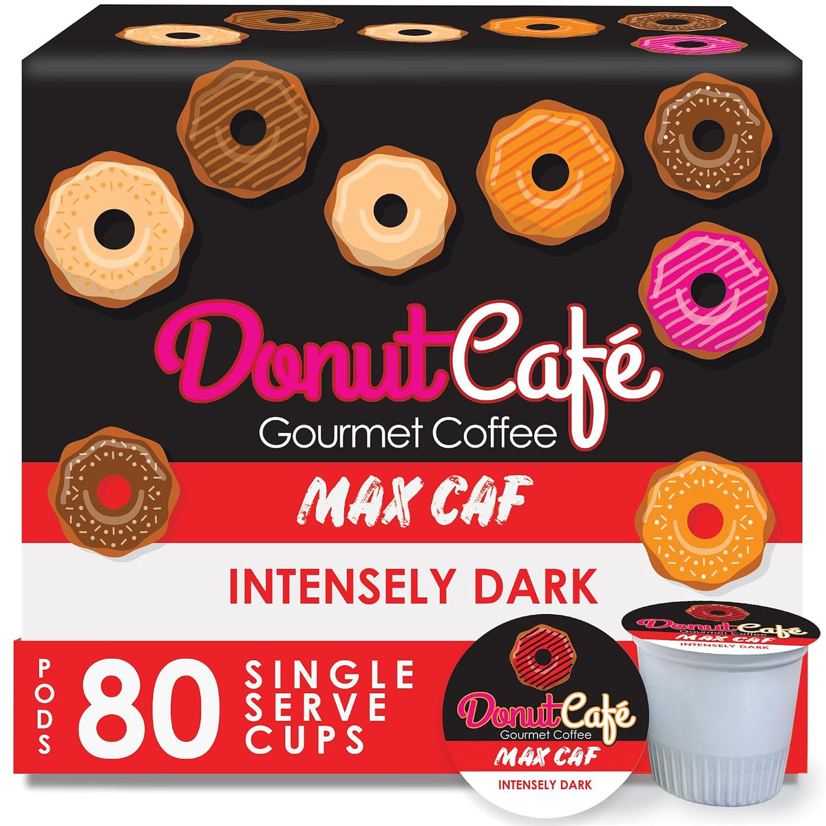 Donut Café K-Cup Coffee Pods, Dark Roast, High Caffeine, Max Caf 80 Count | Single Serve, 1.5X Caffeine, Vegan, Allergen Free, Non-GMO, Kosher, For Keurig K Cup Brewers, Intensely Bold &amp; Powerful