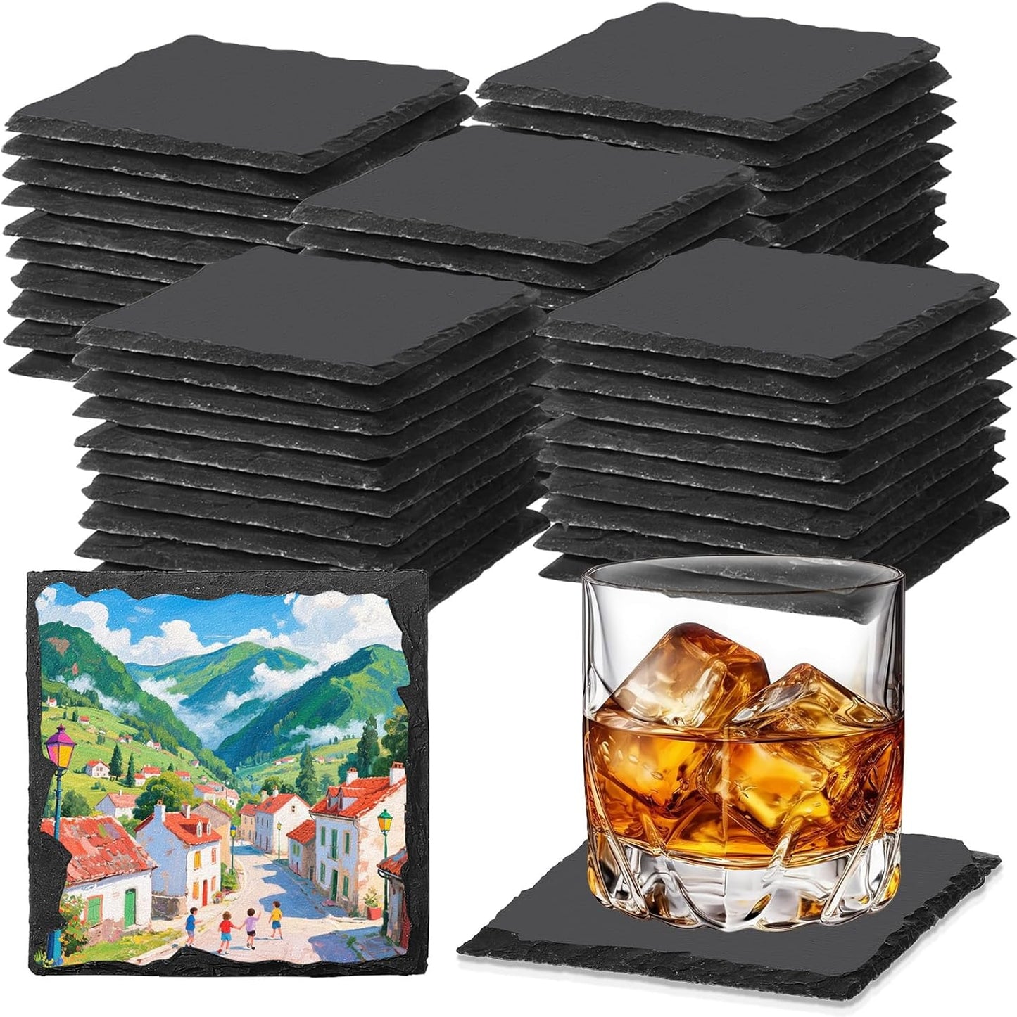 60 PCS Slate Coasters Black Square 4 Inch Bulk Rock, Blank Laser Engraving, Scratch Resistant Bottom