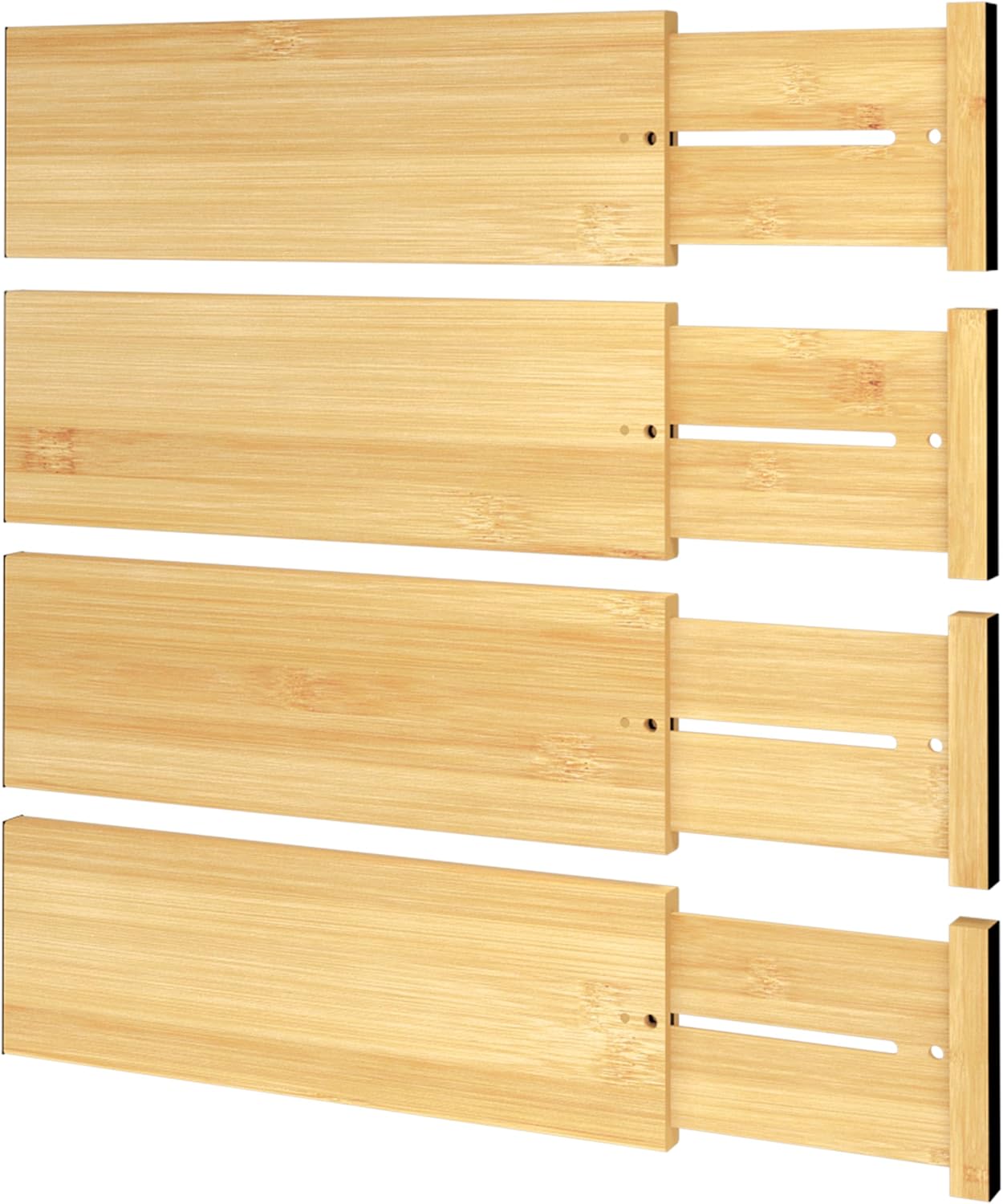 BAMEOS Bamboo Expandable Drawer Dividers – Fits 12.2"–17" Drawers, 4" Extra Deep Walls, Set of 4 | Tall Spring-Loaded Separator for Baby Dresser, Sock Drawer &amp; Bathroom Cabinet