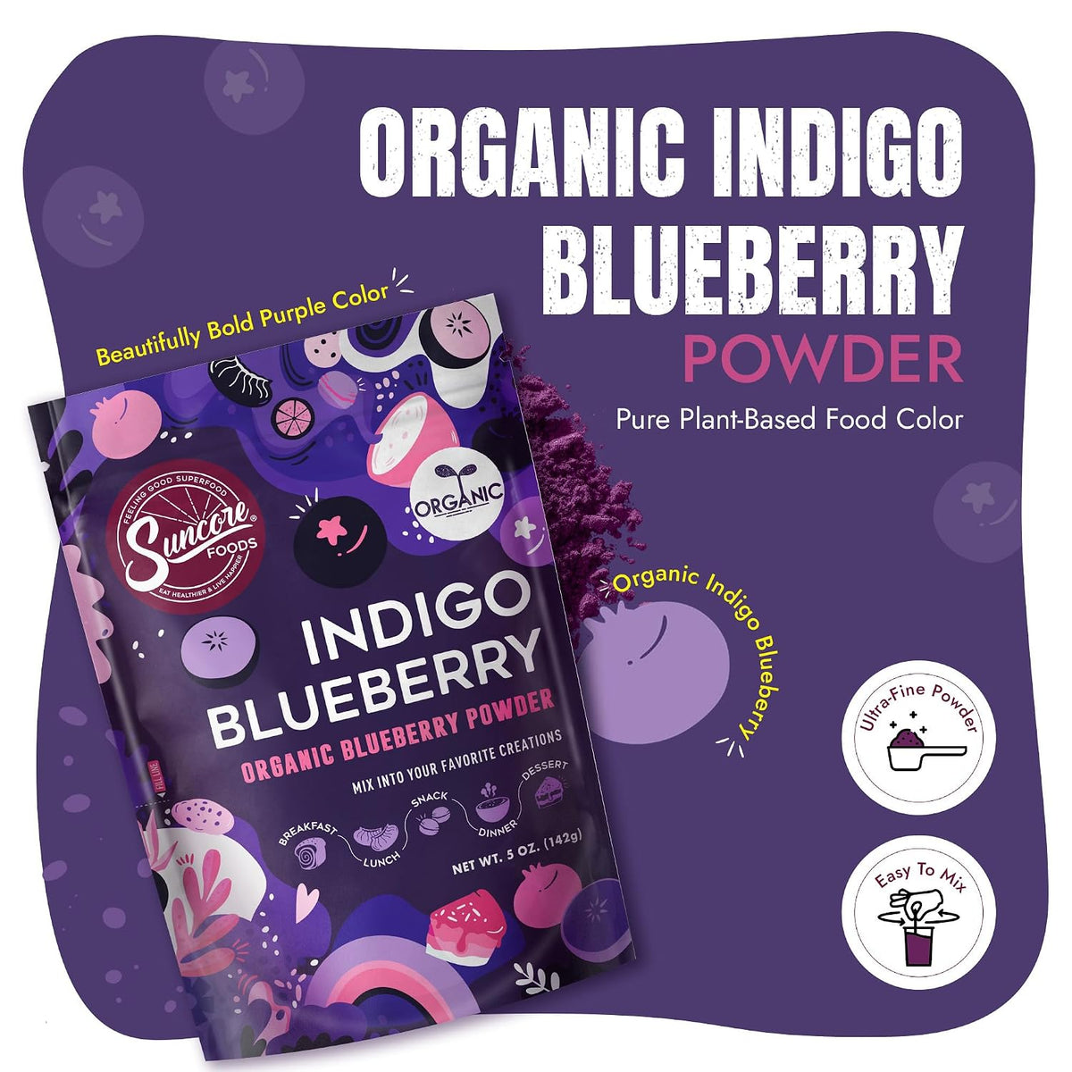 Suncore Foods Organic Indigo Blueberry Powder 5oz | Gluten Free | Vegan | Natural Purple Food Coloring, Single Ingredient Superfood, For Baking, Desserts, Smoothies, Drinks, Non-GMO, Resealable Pouch