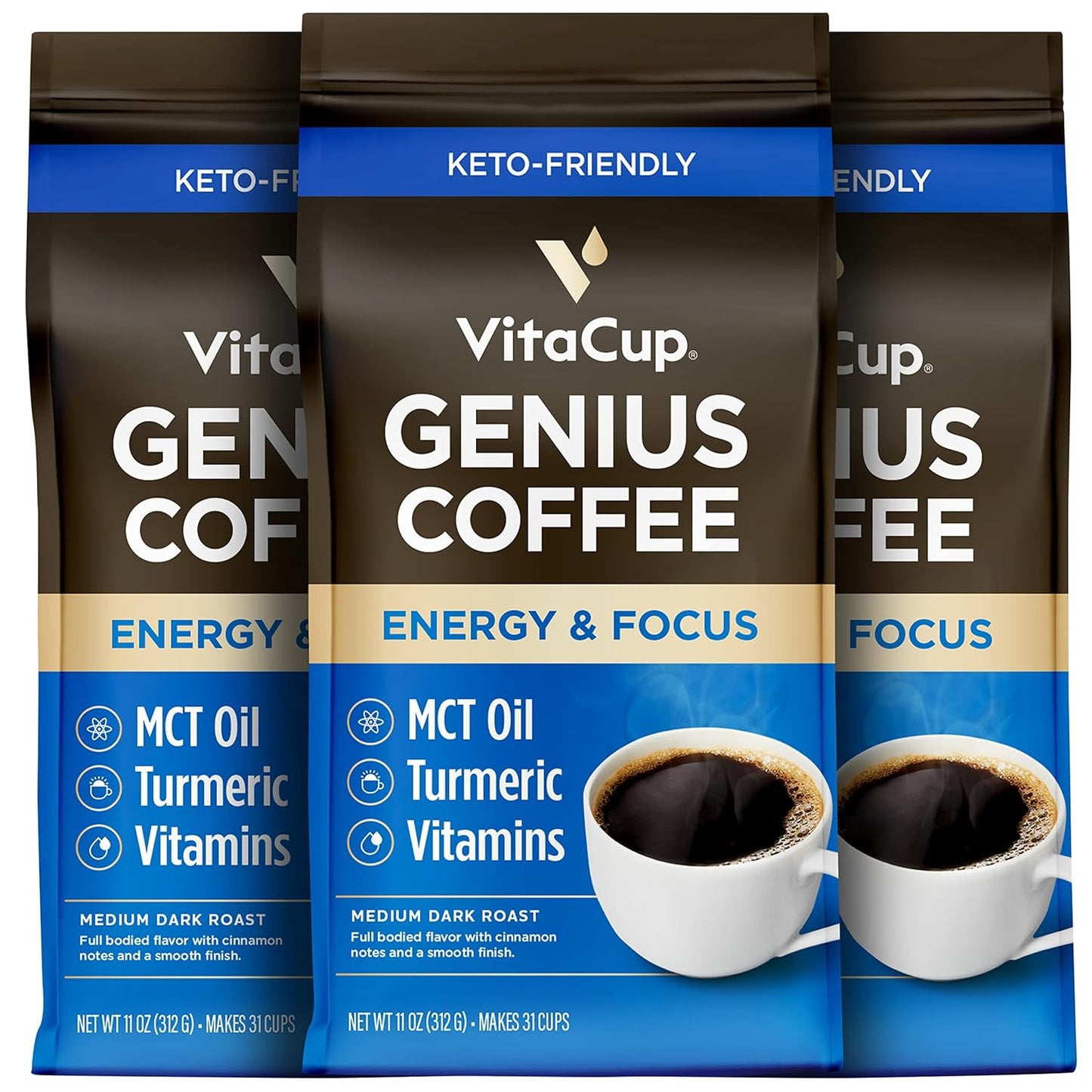 VitaCup Genius Keto Medium Dark Roast Ground Coffee, 33oz, 3 Bags | 100% Arabica, B Vitamins, D3, MCT Oil, Turmeric, Coffee Grounds