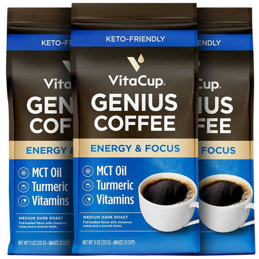 VitaCup Genius Keto Medium Dark Roast Ground Coffee, 33oz, 3 Bags | 100% Arabica, B Vitamins, D3, MCT Oil, Turmeric, Coffee Grounds