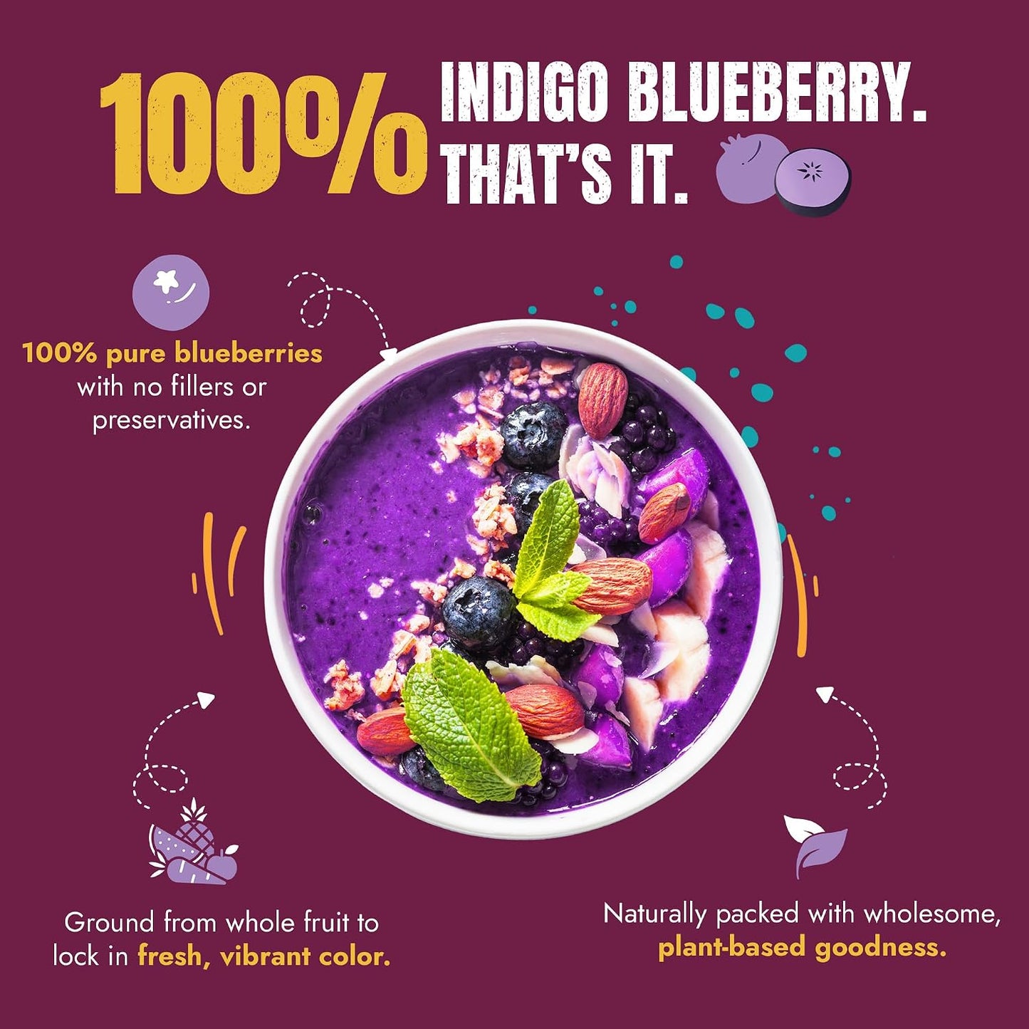 Suncore Foods Organic Indigo Blueberry Powder 5oz | Gluten Free | Vegan | Natural Purple Food Coloring, Single Ingredient Superfood, For Baking, Desserts, Smoothies, Drinks, Non-GMO, Resealable Pouch