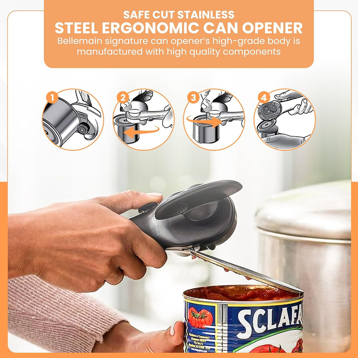 Bellemain Ergonomic Can Opener, Easy Safe-Cut for Seniors &amp; Restaurants