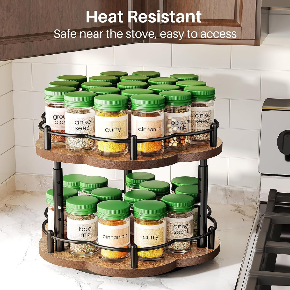 Lazy Susan Spice Rack Organization for Cabinet - 2 Tier Adjustable Height Lazy Turntable Spice Organizer for Kitchen Countertop & Pantry, Wood 10 Inch Seasoning Storage, Black