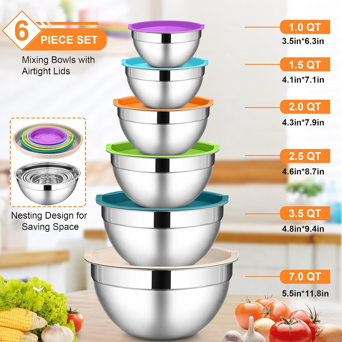 LIANYU Mixing Bowls with Lids Set, Large 7 &amp; 3.5 &amp; 2.5 &amp; 2 &amp; 1.5 &amp; 1QT | 6 Piece Stainless Steel Serving Bowls, Kitchen Metal Nesting Bowl for Cooking, Food Storage, Dishwasher Safe, Multi-Color