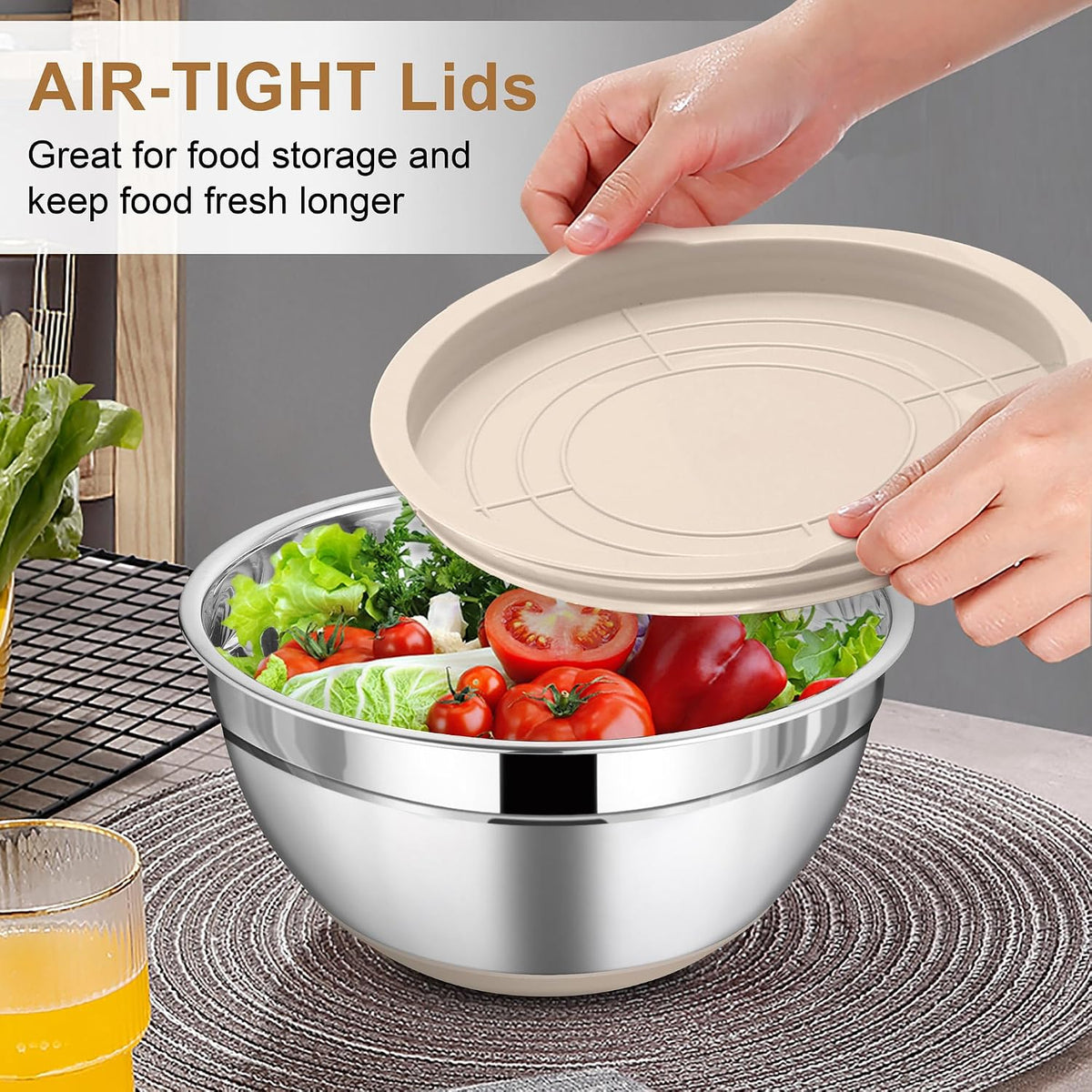LIANYU 6 Piece Mixing Bowls Set with Airtight Lids, Metal Nesting Bowl