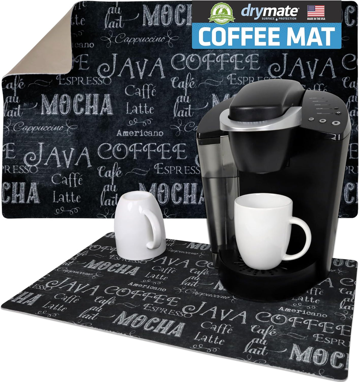 Drymate Coffee Maker Mat, (Coffee Station Bar Accessory) Protects Kitchen Countertops From Spills, Stains &amp; Scratches, Absorbent, Waterproof, Washable (USA Made) (12” x 20”) (Java Chalkboard)