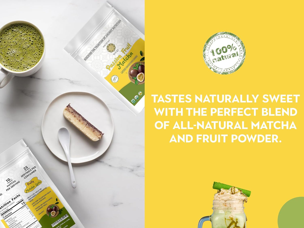 Ancient Roots Passion Fruit Matcha Mix – Organic Green Tea Powder for Lattes, Smoothies, &amp; Baking Matcha Powder, Antioxident 100% Natural, Vegan, Gluten-Free (3.5 OZ, Passion Fruit)