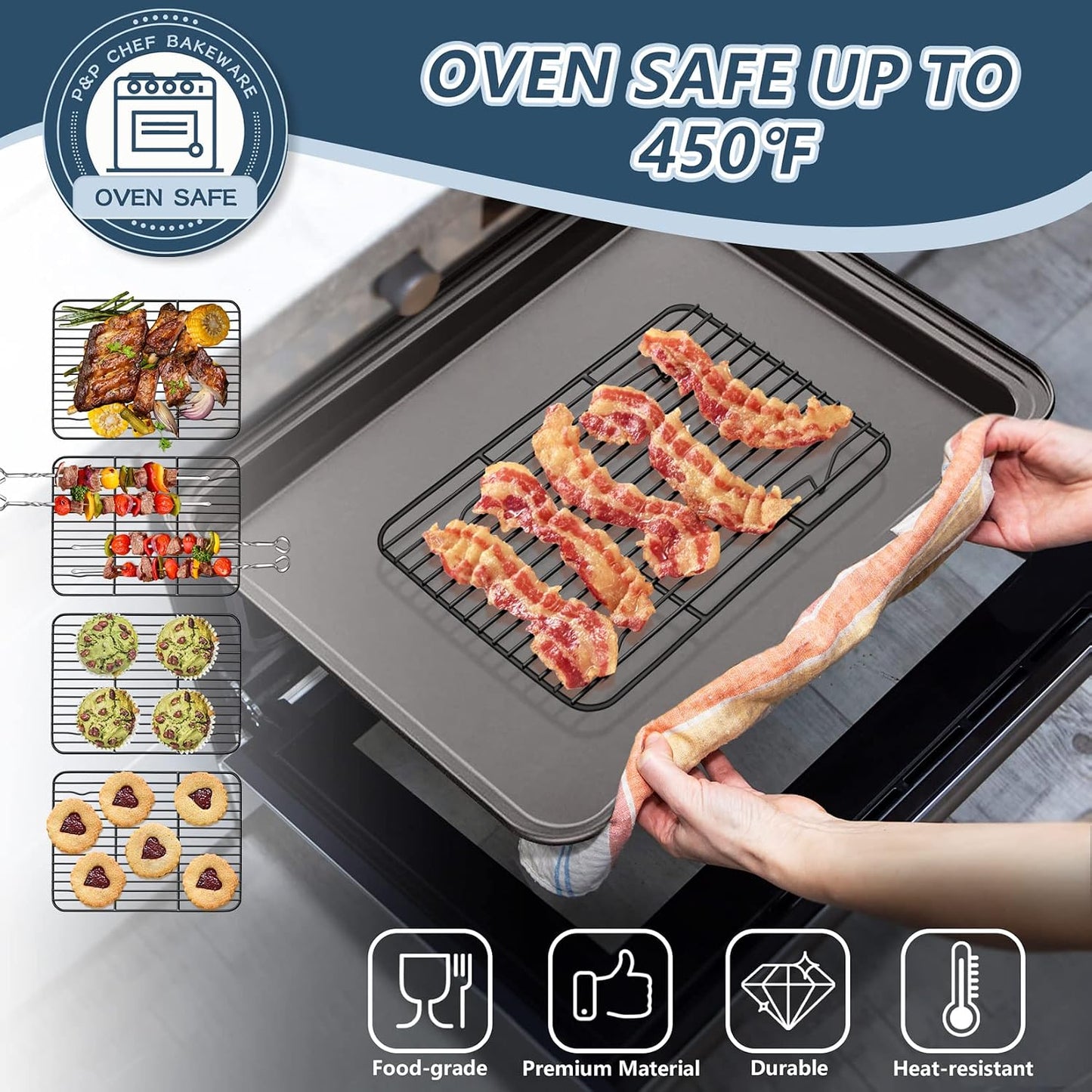 P&amp;P CHEF 9.7" x 7.3" Cooling Baking Wire Racks Pack of 2, Black | Stainless Steel Cooling Racks for Cooking Baking Roasting Grilling Drying, Dense Wires &amp; Smooth Edge, Easy Clean &amp; Rust Proof