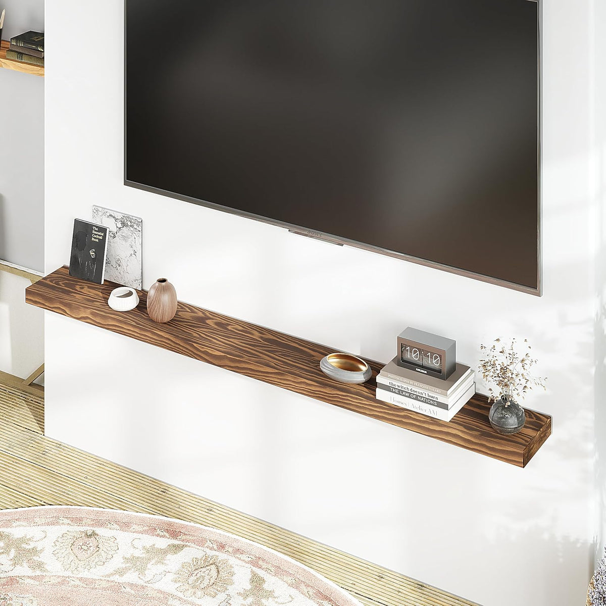 Howizz 60'' Pine Wood Floating Shelf for Wall, Rustic Wall Mounted Wooden Shelf with Invisible Brackets, Fireplace Mantel Shelf for Living Room, Bedroom, Bathroom &amp; Home Decor, Light Walnut, 1 Pcs