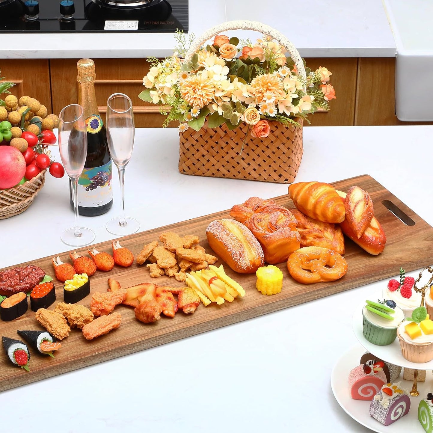 Skylety 4 Pieces 35.4" Acacia Wooden Cheese Serving Board with Handles Large Charcuterie Board Wooden Cutting Board for Appetizers Food