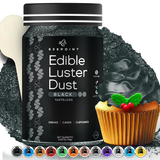 BeePoint Black Edible Luster Dust 15g - Food Grade, Vibrant Color Shimmer Powdered Dust for Drinks, Cocktails, Cake