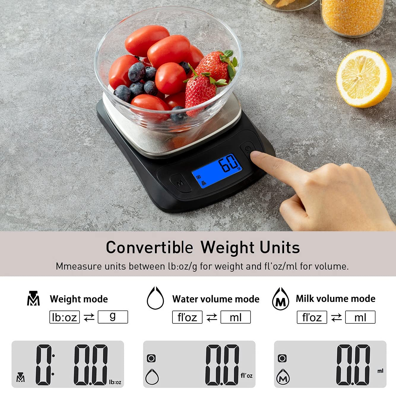 Kitchen Scales Digital Food Scale Cooking in Grams &amp; Ounces Black | Stainless Steel, Max 11lb 1g Increment, Backlit LCD Screen, Baking Food Weight Scale for Sourdough Bread, Include Battery