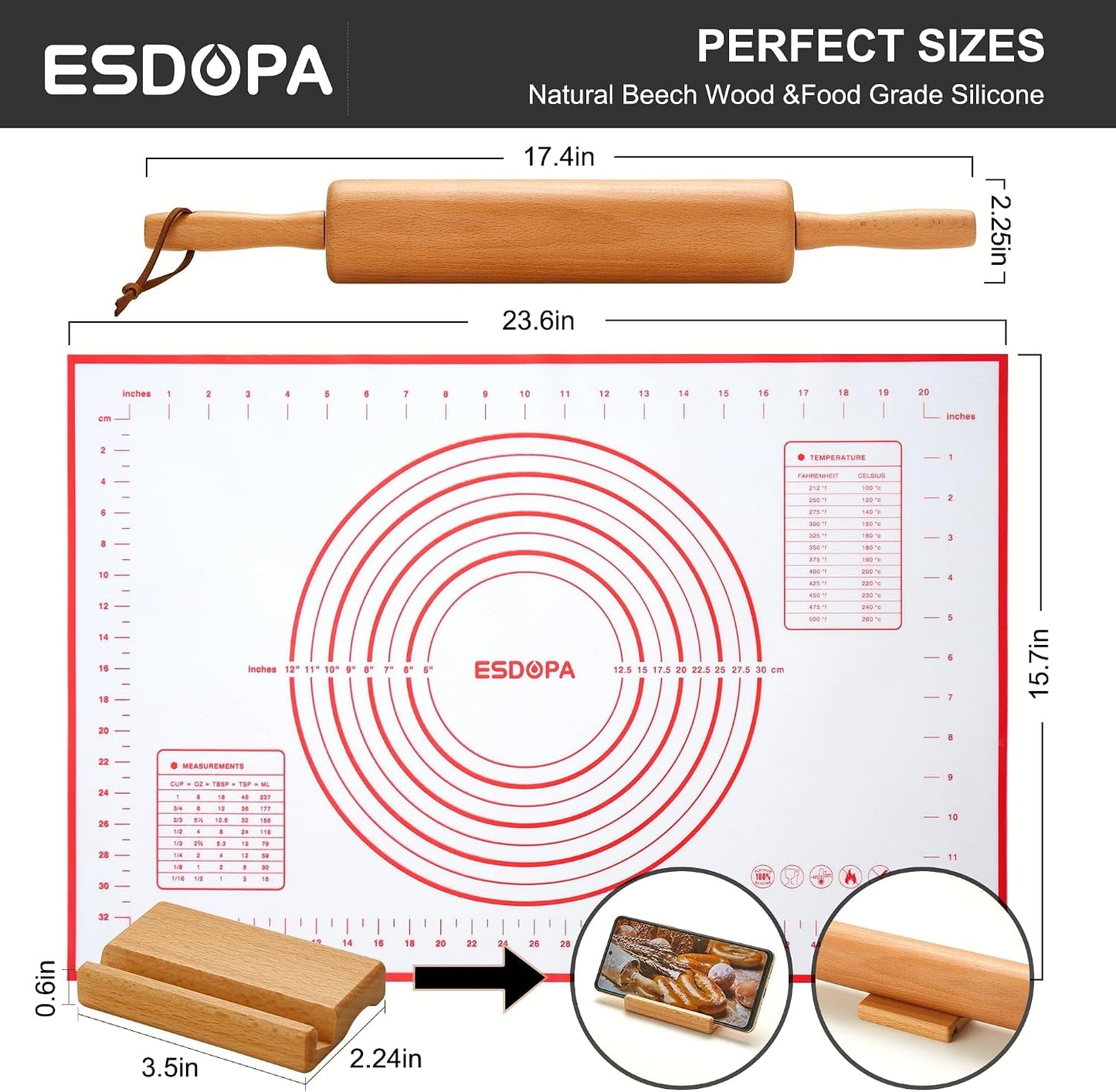 Classic Wood Rolling Pin - Wooden Rolling Pins for Baking Silicone Mat Set, Dough Roller with Wood Base, Fondant Roller for Pie Crust Cookies Pizza Dough and Bread, 17 Inch