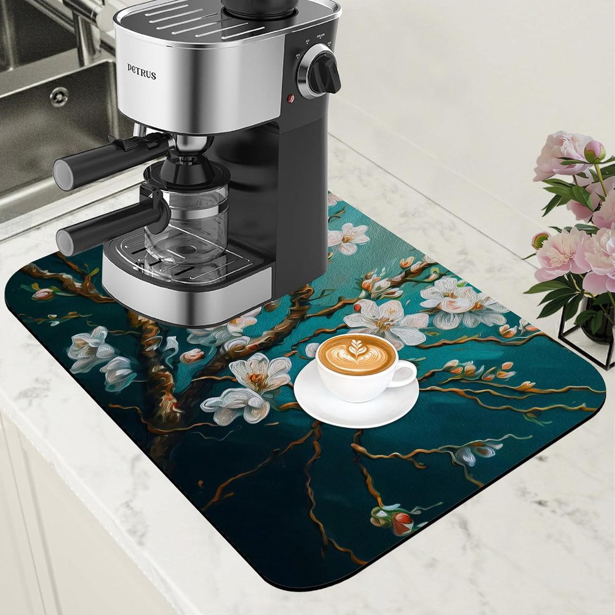 Blossoming Almond Tree Dish Drying Mat for Kitchen Counter Hide Stain Absorbent Drying Rack Pad Rubber Backed Coffee Mat Espresso Machine Coffee Bar Accessories 11.8 x 19.7 Inch