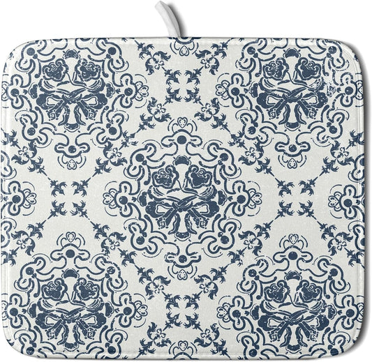 Bohemian Grey Retro Dish Drying Mat for Kitchen Counter,Boho Abstract Flower Art Drying Mat 16 x 18 Inch Microfiber Dish
