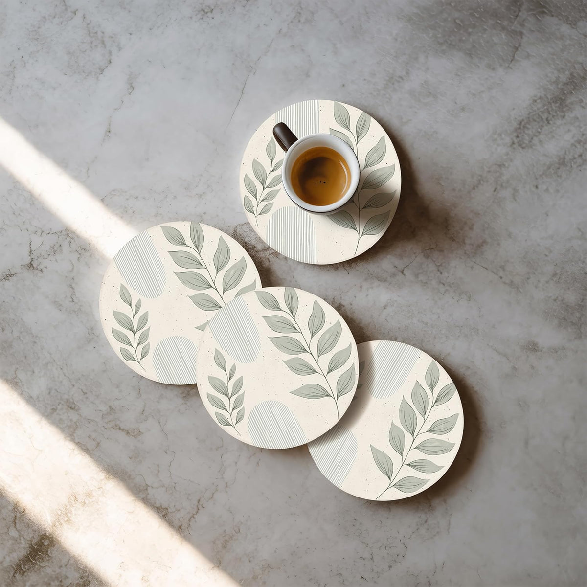 VEYRO Coasters Set of 4 for Drinks – Absorbent Ceramic Stone Drink Coasters with Cork Backing for Coffee Table & Desk, Modern Boho Look Cup Coaster Set, Housewarming Gift for New Home