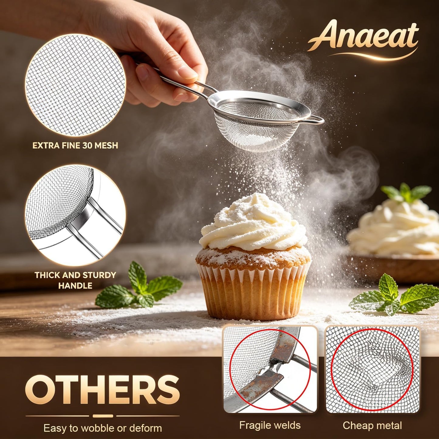 Anaeat Fine Mesh Strainers - Premium Stainless Steel Colander Sieve Sifters, with Durable Mesh and Sturdy Handle, Excellent for Sifting Dry ingredients, Flour, Pastas, Rice, Tea (5.5")