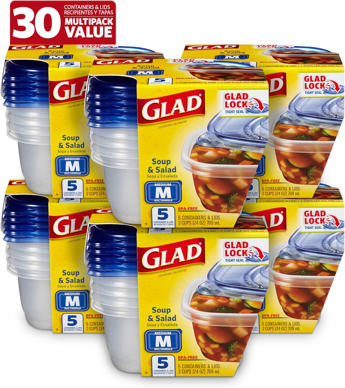Glad GladWare Medium Rectangle Food Storage Containers, 24 Oz, 5 Ct, 6-Pk