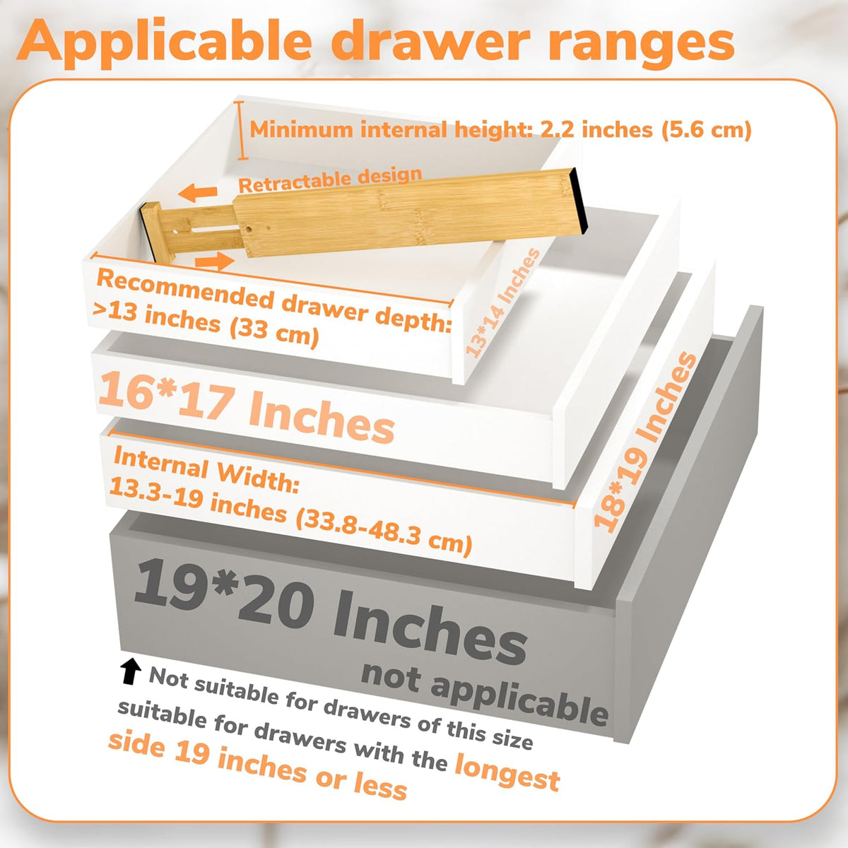 BAMEOS Bamboo Expandable Drawer Dividers – Fits 13.3"–19" Drawers, 2" High, Set of 4 | Spring-Loaded Bamboo Separator for Kitchen Island, Bathroom Vanity &amp; Dresser Drawers
