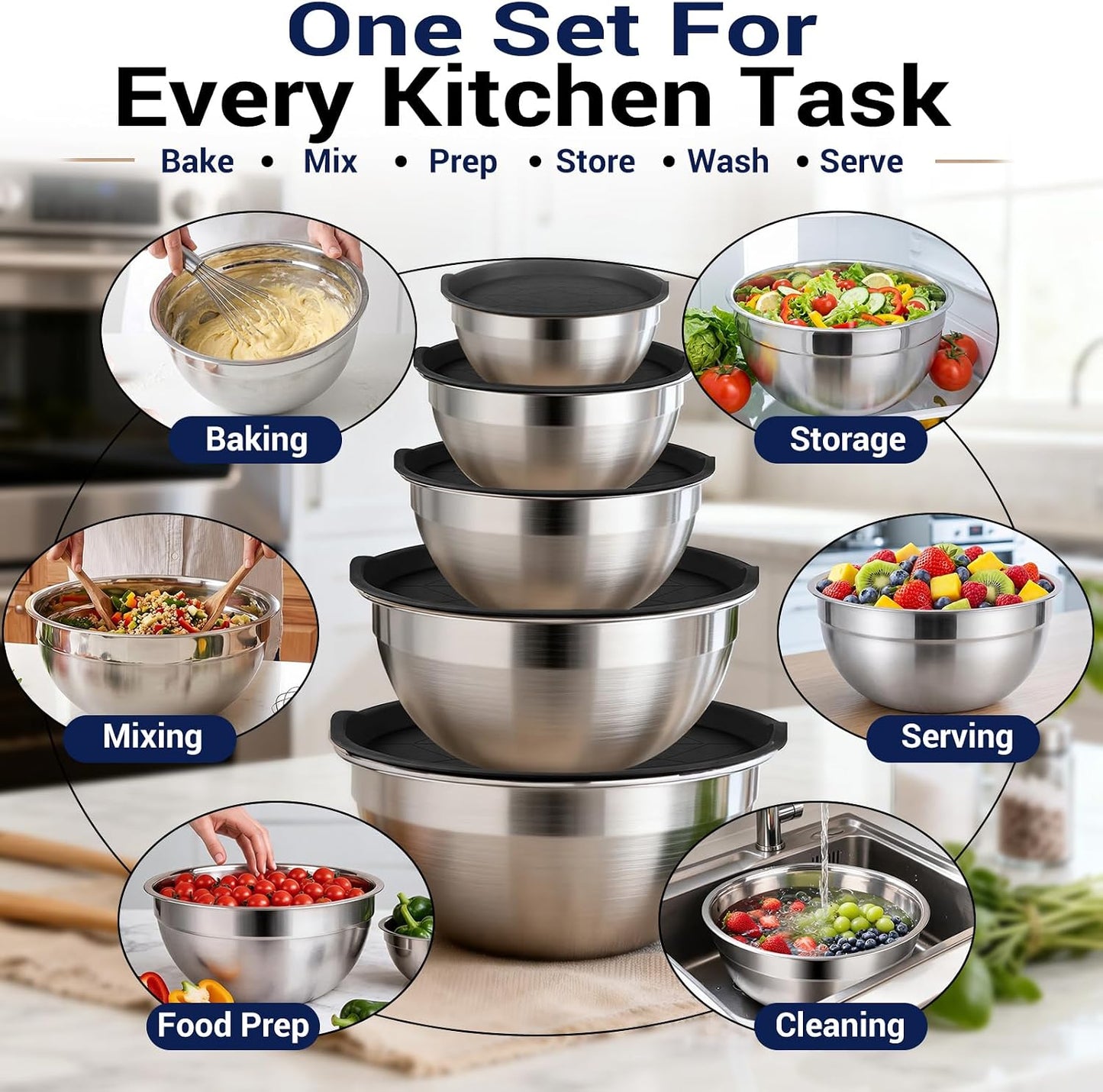 WEPSEN Mixing Bowls Set, 25PCS Stainless Steel Mixing Bowl with Lid Set, Large Nesting Bowls 7, 4.5, 3,2, 1.5QT, Measuring Cups and Spoons Baking Utensils Metal Bowl for Kitchen Prep