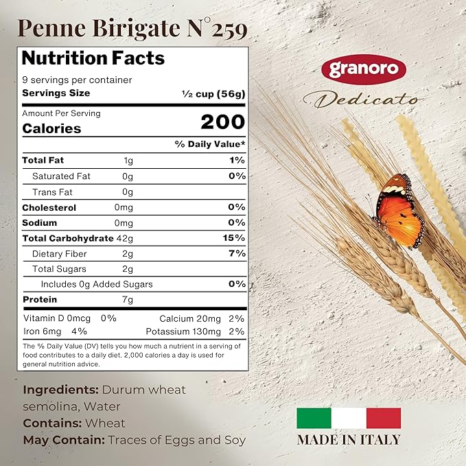 Granoro Dedicato Penne Rigate #259 - Ridged Penne- Authentic Italian Pasta, Made from 100% Puglia Durum Wheat Semolina, Non-GMO, Vegan, 1 lb Bags (Pack of 3)