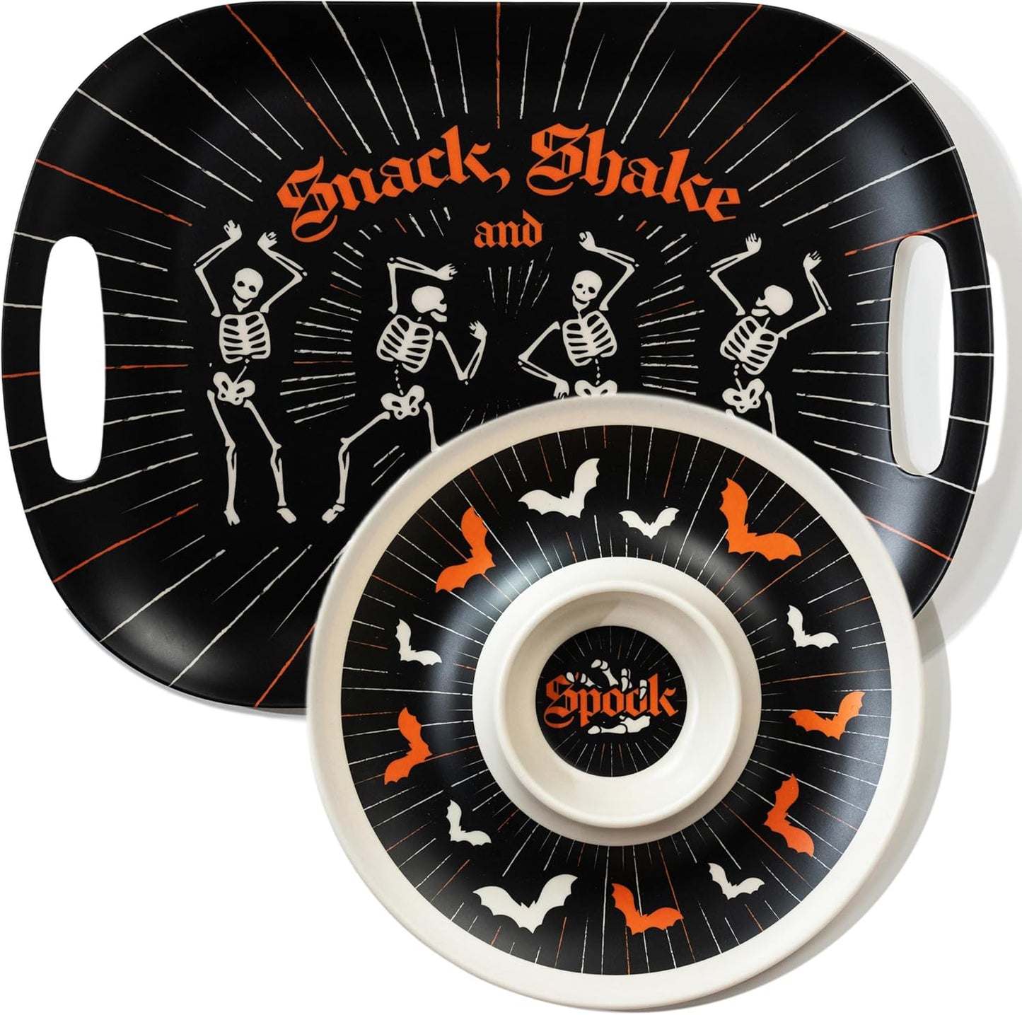 Oasis Choice 2-Pack Halloween Skeleton Serving Trays, 18" Large Handled Tray & 13" Chip & Dip Platter for Horror Party, BBQ