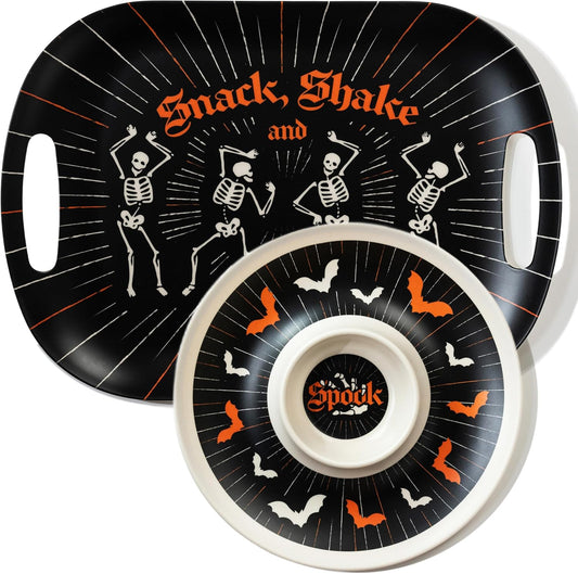 Oasis Choice 2-Pack Halloween Skeleton Serving Trays, 18" Large Handled Tray & 13" Chip & Dip Platter for Horror Party, BBQ