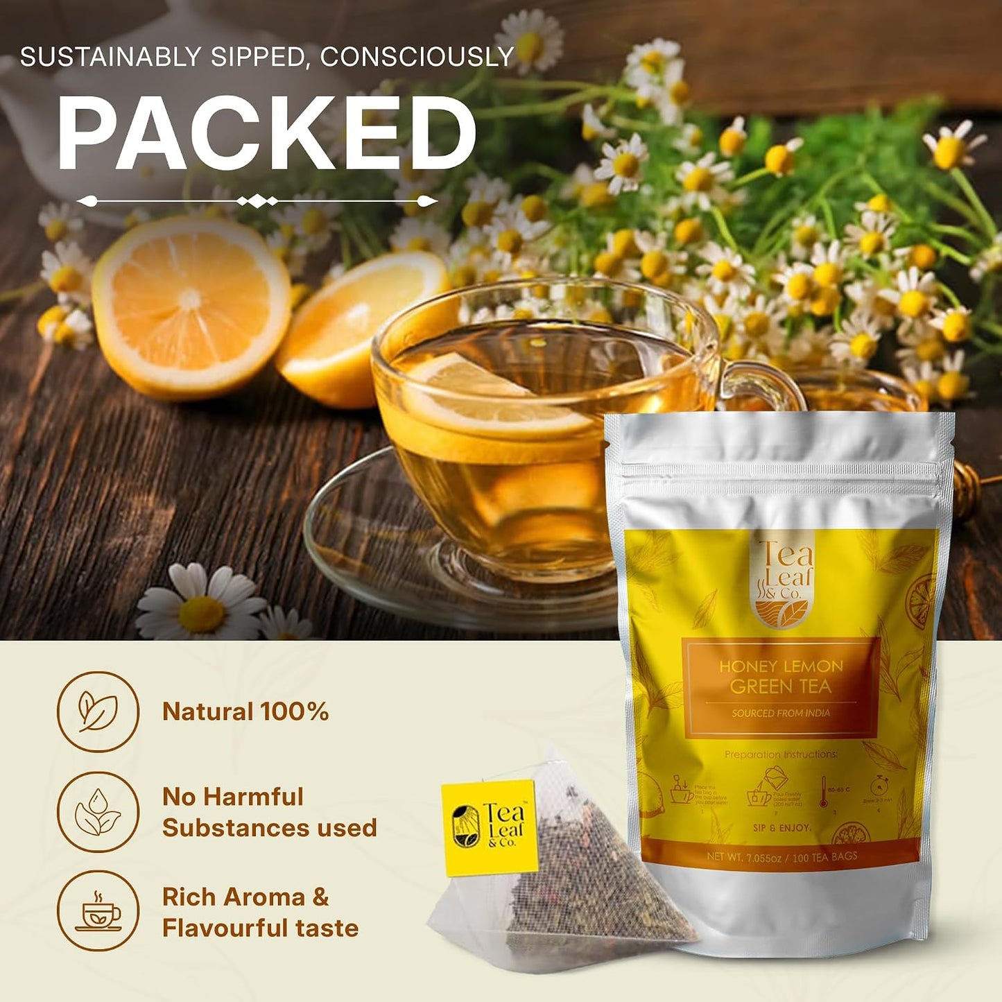 Honey Lemon Green Tea 200 gm/7 oz, Natural Herbal Infusion, 100 Tea Bags
