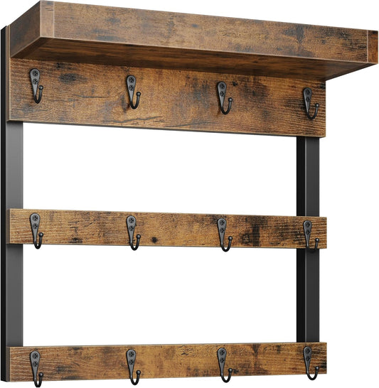 OROPY Coffee Mug Rack Wall Mounted, Rustic Wood Cups Rack with 12 Hooks and Storage Shelf, for Home Kitchen Display and