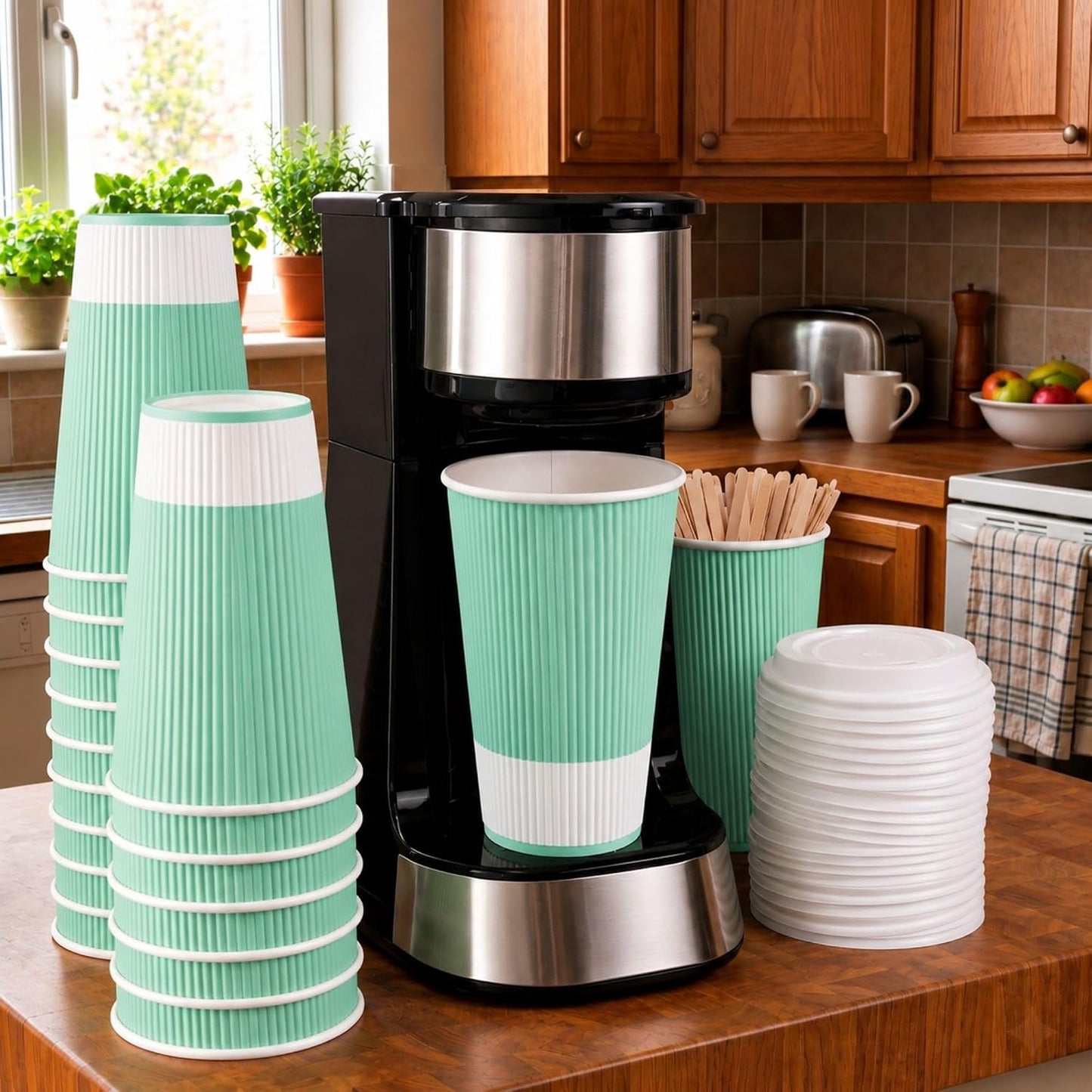 Restaurantware Ripple Wall Coffee Cup 500 Count 16 Ounce Insulated Hot Beverage Cup Disposable Non-Slip 16 Oz For Coffee Shops, Cafes, Bakeries, Light Green