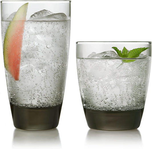 Libbey Classic Tumbler &amp; Rocks Drinking Glasses Set of 16, Clear Glass Cups | 18 oz and 13 oz Capacities for Water, Soda, Cocktails, and More with Smoke-Tinted Bases and Dishwasher-Safe Cleanup