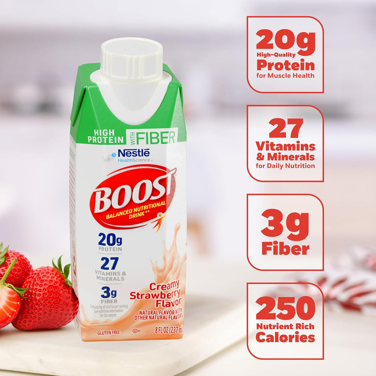 BOOST High Protein with Fiber Balanced Nutritional Shake, Strawberry, 24 pk