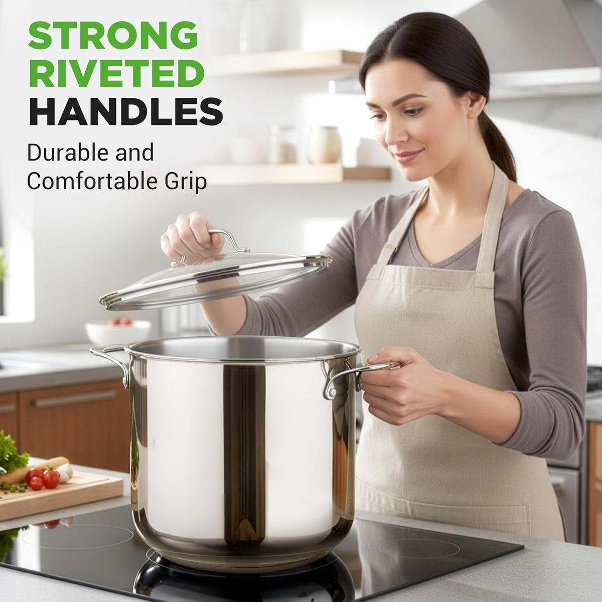 NutriChef 19-Quart Stainless Steel Stockpot – 18/8 Food Grade Heavy-Duty Induction-Compatible Pot with See-Through Lid, Ideal for Stews, Broths, Simmering & Soups, Dishwasher Safe – NCSP20