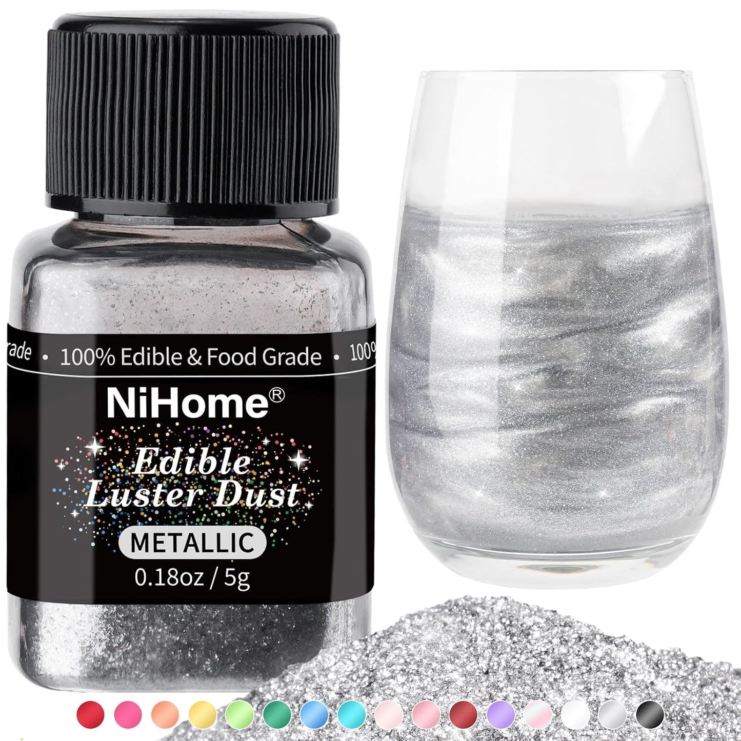 NiHome Edible Glitter Luster Dust for Drinks, Dessert, Vegan, Metallic | 0.18oz/5g, Great Adhesion on Both Wet And Dry Treats No Common Allergens Formulated with No Added Sugar or Artificial Flavors
