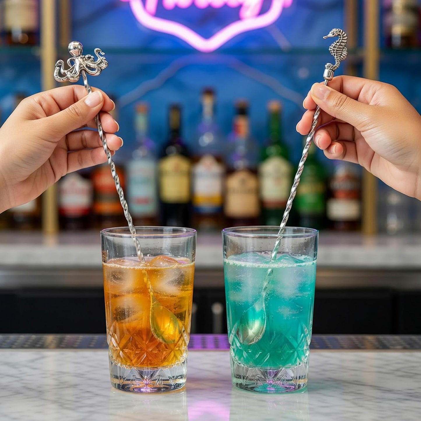 Homestia 12'' Bar Spoon, 2 Pcs Cocktail Spoon with Octopus Seahorse Decor | Dirty Soda Bar Supplies, Stainless Steel Coffee Bar Use, Mixing &amp; Layering Drink Stirrer, Long Spoon for Bartending Stirring