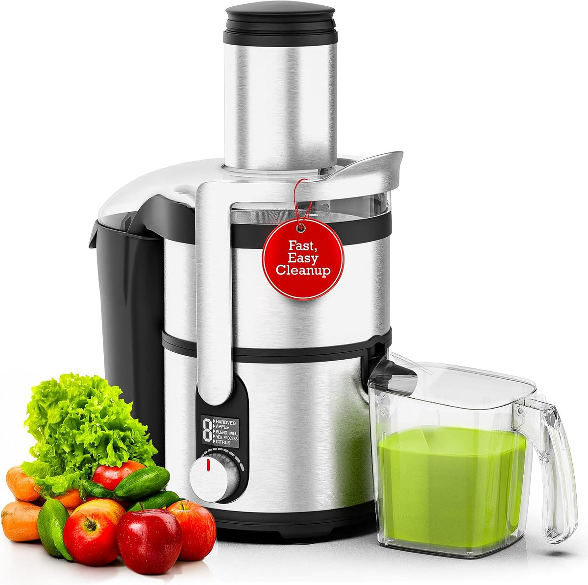 Eurolux 800W Premium Centrifugal Juicer for Whole Fruits and Vegetables – TurboJet Extraction System – 5-Speed Dial with Digital Display – Wide 3” Feed Chute – Easy to Clean – BPA-Free- Stainles Steel