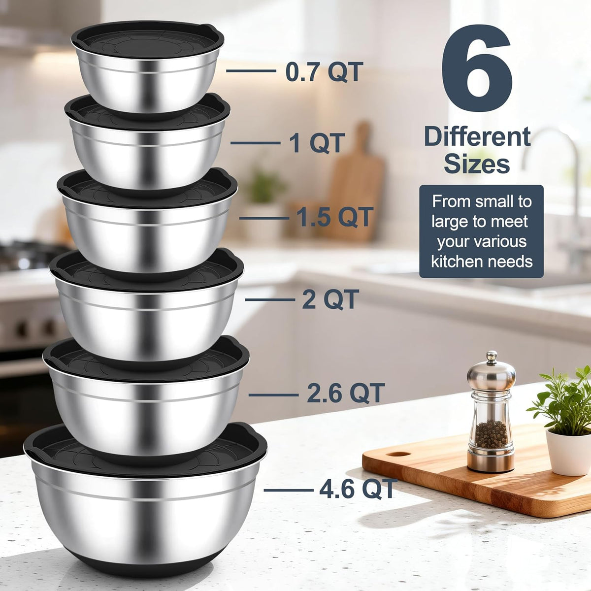 TeamFar Mixing Bowls, Stainless Steel Salad Bowls with Lids - Black | Nesting Bowls with Non-slip Bottom, for Kitchen Baking Preparing Serving, Stackable &amp; 6PCS - 4.6 /2.6 /2 / 1.5 /1 / 0.7 Qt