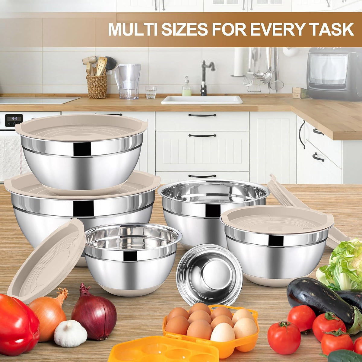 LIANYU 6 Piece Mixing Bowls Set with Airtight Lids, Metal Nesting Bowl