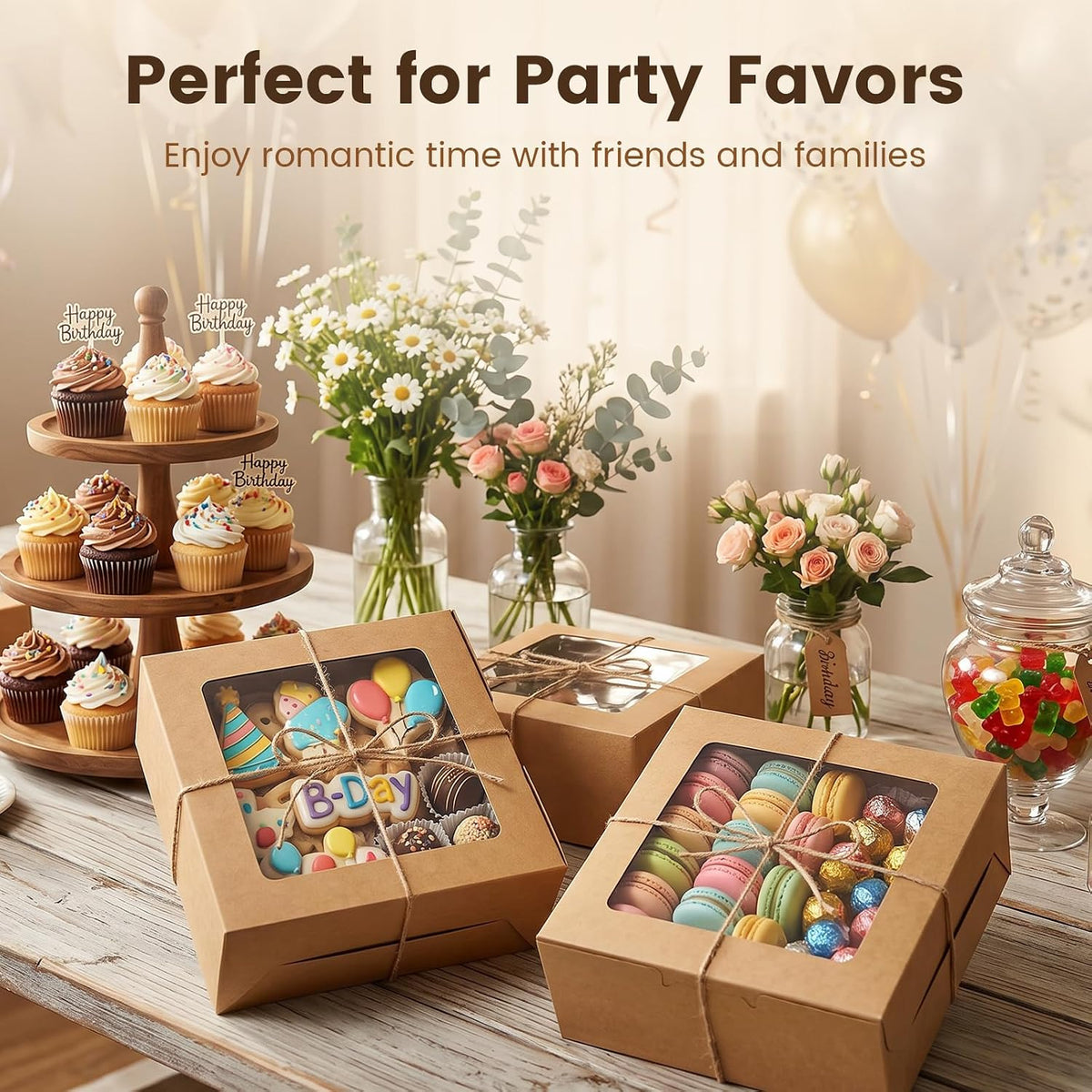 OAMCEG 6x6x3Inch Cupcake Boxes with Window,50 Pcs Cookie Bakery Boxes,Brown