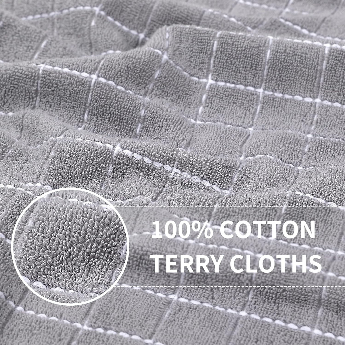 Homaxy 100% Cotton Terry Kitchen Towels(Light Grey, 13 x 28 inches), Checkered Designed, Soft and Super Absorbent Dish Towels, 6 Pack