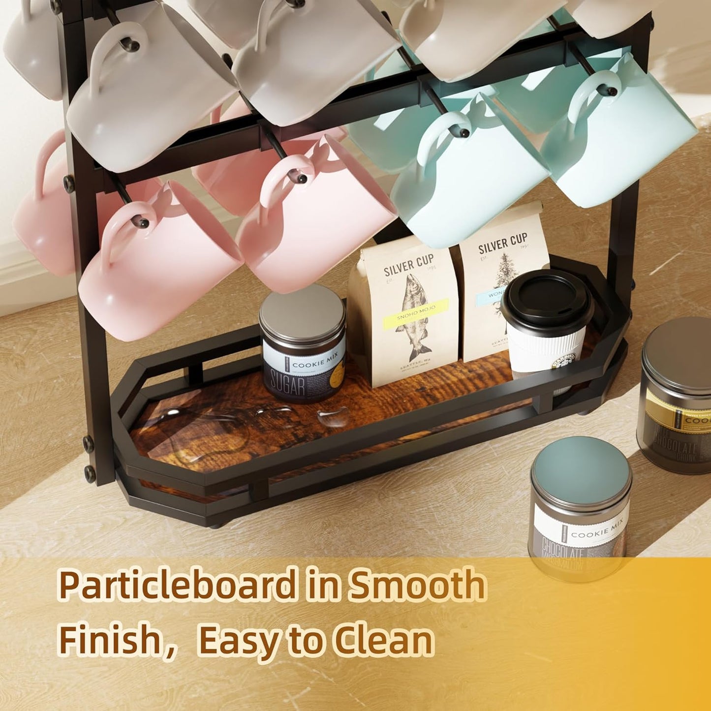 Coffee Mug Holder with Movable Hooks,16 Capacity Coffee Cup Holder for Countertop, Metal Mug Tree Holder Rack with Storage