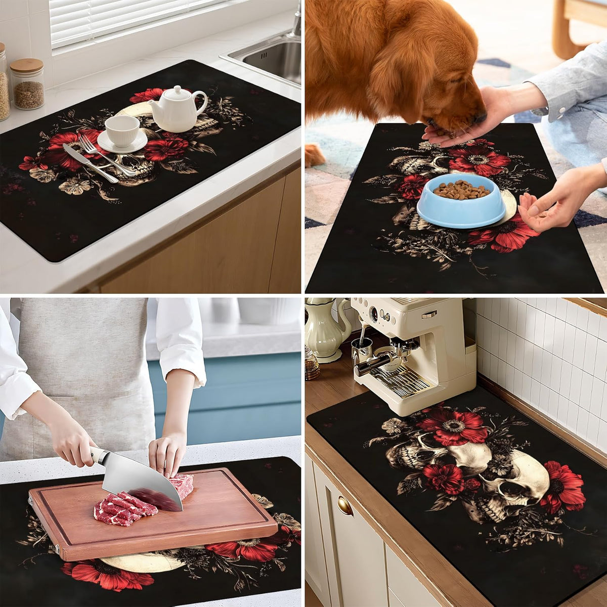 17"x 32" Coffee Bar Mat, Halloween Skull Flower Absorbent Dish Drying Mat Cuttable Hide Stain Draining Table Pad for Kitchen Counter, Coffee Bar Accessories